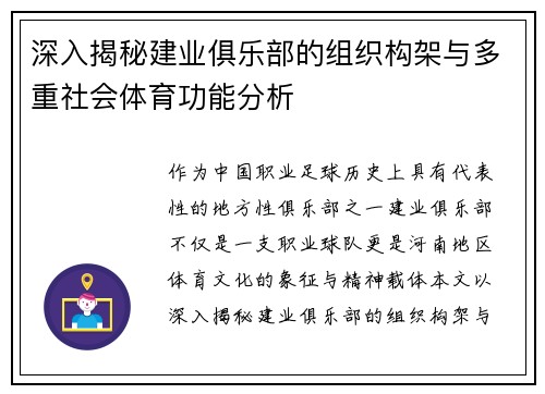 深入揭秘建业俱乐部的组织构架与多重社会体育功能分析